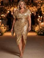Sequin Bodycon V Neck Plus Size Dresses with Side Waist Ruched Shaping Detail