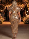 Sequin Bodycon V Neck Plus Size Dresses with Side Waist Ruched Shaping Detail