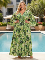 Chiffon A-Line V Neck Plus Size Dresses with Floral Print