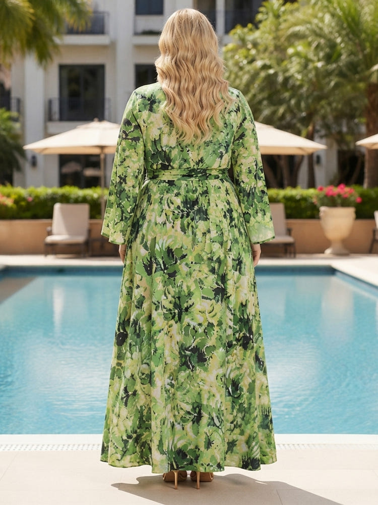Chiffon A-Line V Neck Plus Size Dresses with Floral Print