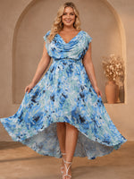 Chiffon A-Line Cowl Neck Plus Size Dresses with Floral Print