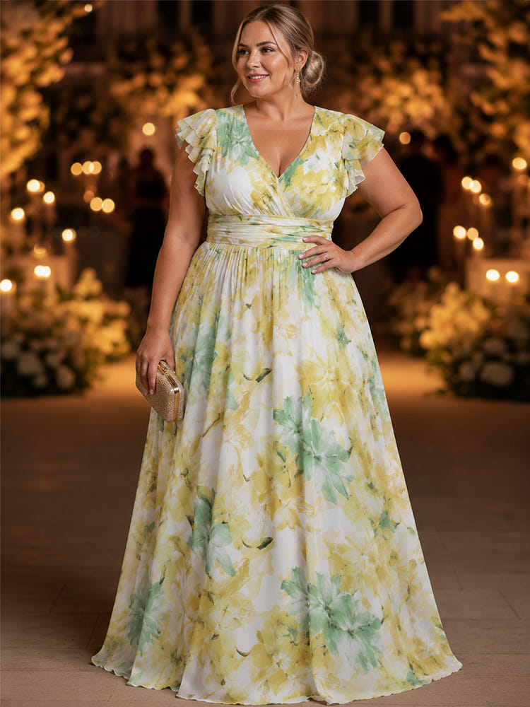 Chiffon A-Line V Neck Plus Size Dresses with Floral Print
