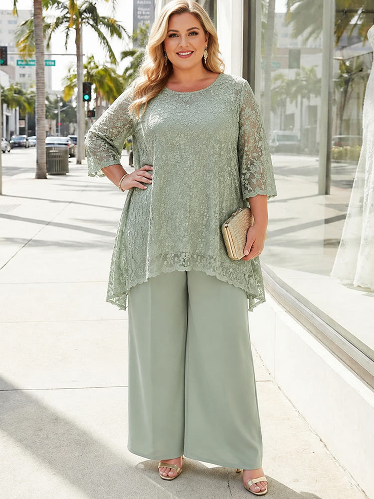 Chiffon Pantsuit Crew Neck Plus Size with Lace Applique