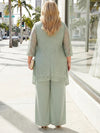 Chiffon Pantsuit Crew Neck Plus Size with Lace Applique