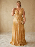Sequin A-Line V Neck Plus Size Dresses with Pleated