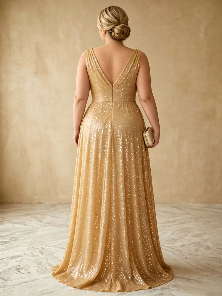 Sequin A-Line V Neck Plus Size Dresses with Pleated