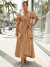 Satin A-Line V Neck Plus Size Dresses with Side Waist Ruched Shaping Detail