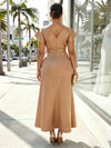 Satin A-Line V Neck Plus Size Dresses with Side Waist Ruched Shaping Detail