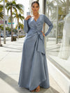 Satin A-Line V Neck Plus Size Dresses with Side Waist Ruched Shaping Detail