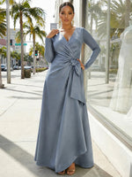 Satin A-Line V Neck Plus Size Dresses with Side Waist Ruched Shaping Detail