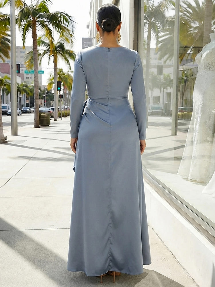 Satin A-Line V Neck Plus Size Dresses with Side Waist Ruched Shaping Detail