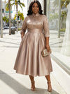 Satin A-Line Stand Colla Plus Size Dresses with Lace Applique