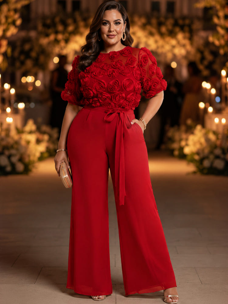 Chiffon Pantsuit Crew Neck Plus Size with 3D Flowers
