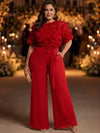 Chiffon Pantsuit Crew Neck Plus Size with 3D Flowers