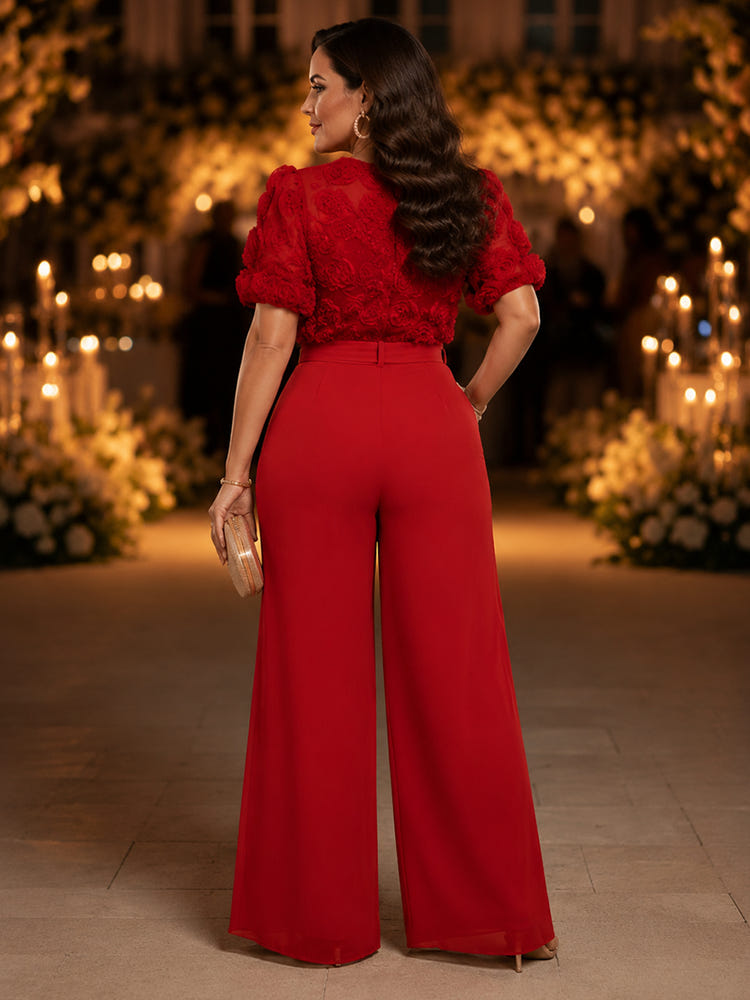 Chiffon Pantsuit Crew Neck Plus Size with 3D Flowers