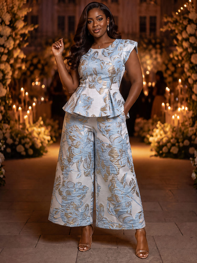 Jacquard Pantsuit Crew Neck Plus Size with Ruffles