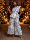 Jacquard Pantsuit Crew Neck Plus Size with Ruffles