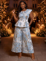Jacquard Pantsuit Crew Neck Plus Size with Ruffles
