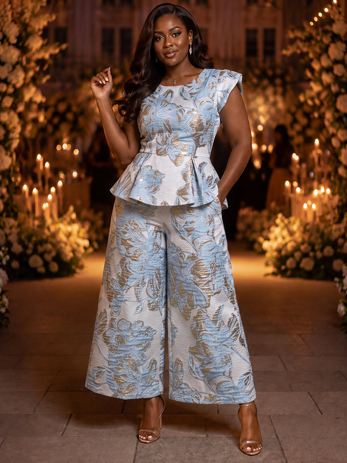 Jacquard Pantsuit Crew Neck Plus Size with Ruffles
