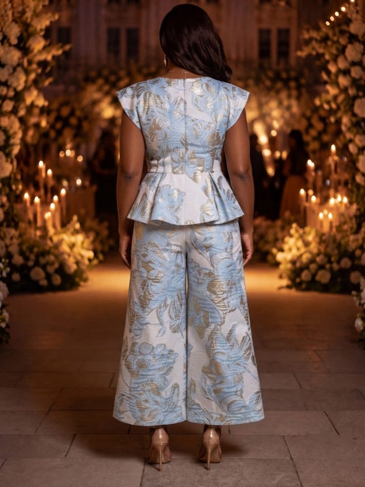 Jacquard Pantsuit Crew Neck Plus Size with Ruffles