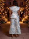 Jacquard Pantsuit Crew Neck Plus Size with Ruffles