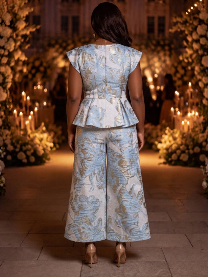 Jacquard Pantsuit Crew Neck Plus Size with Ruffles