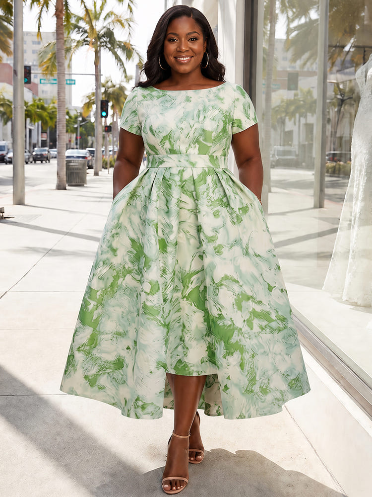 Jacquard A-Line Crew Neck Plus Size Dresses with Belt