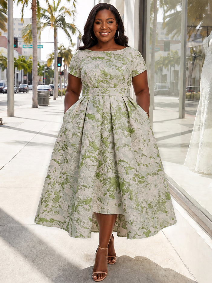 Jacquard A-Line Crew Neck Plus Size Dresses with Belt