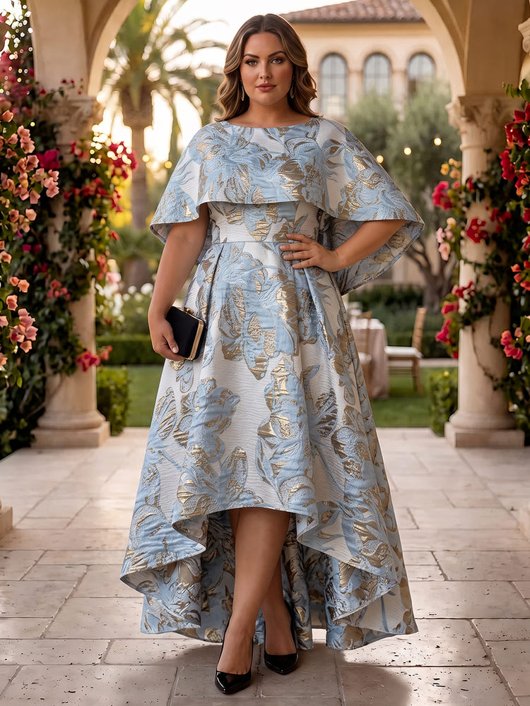 Jacquard A-Line Crew Neck Plus Size Dresses with Caps