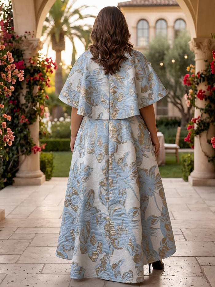 Jacquard A-Line Crew Neck Plus Size Dresses with Caps