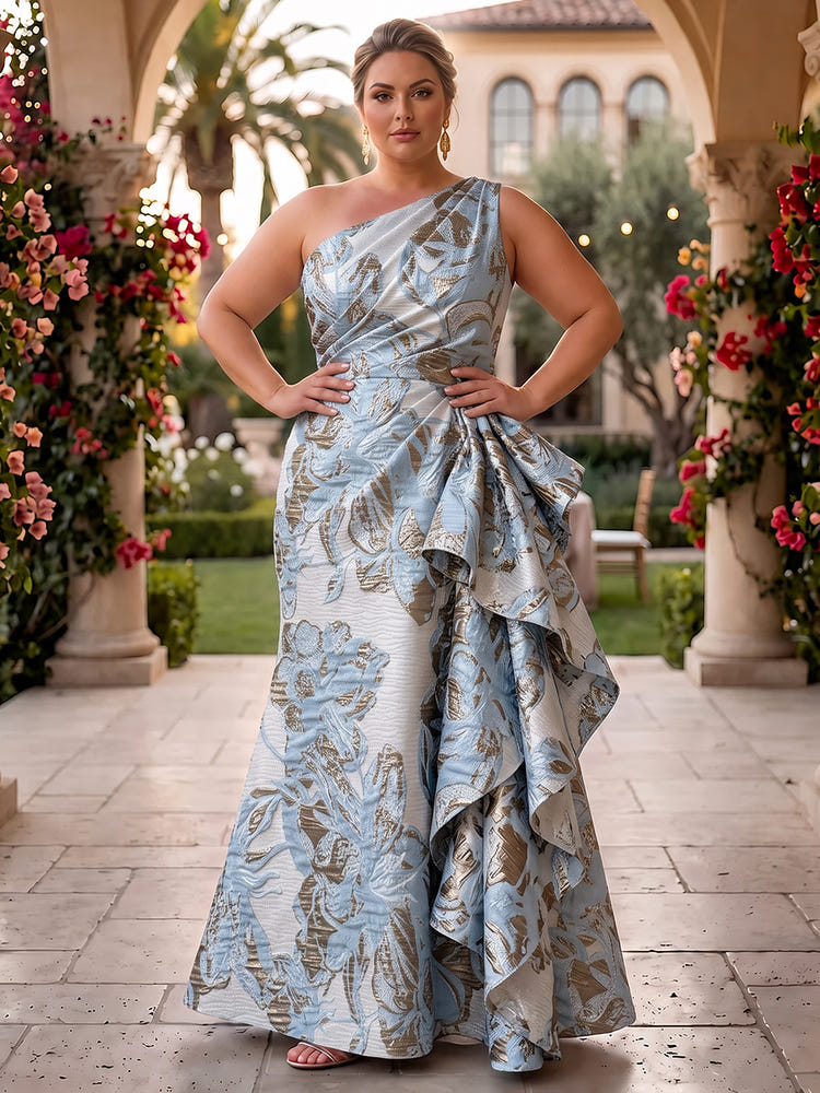 Jacquard A-Line One Shoulder Plus Size Dresses with Flattering Waist Twist Ruched Craft