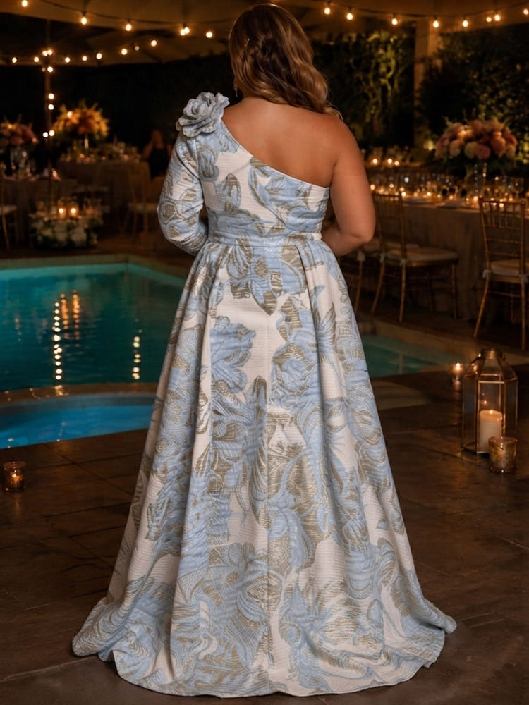 Jacquard A-Line One Shoulder Plus Size Dresses with Side Slit