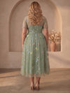Tulle A-Line Crew Neck Plus Size Dresses with Floral Embroidery