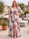 Chiffon A-Line V Neck Plus Size Dresses with Floral Print