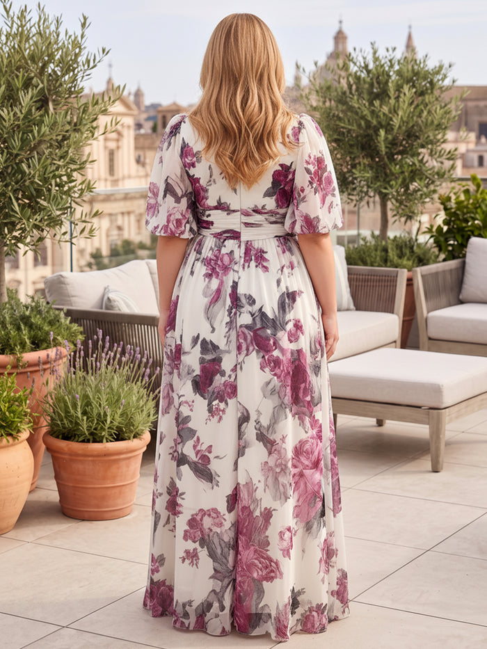 Chiffon A-Line V Neck Plus Size Dresses with Floral Print
