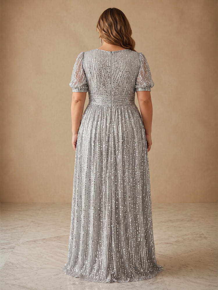 Sequin A-Line Crew Neck Plus Size Dresses with Twisted Ruched Waist