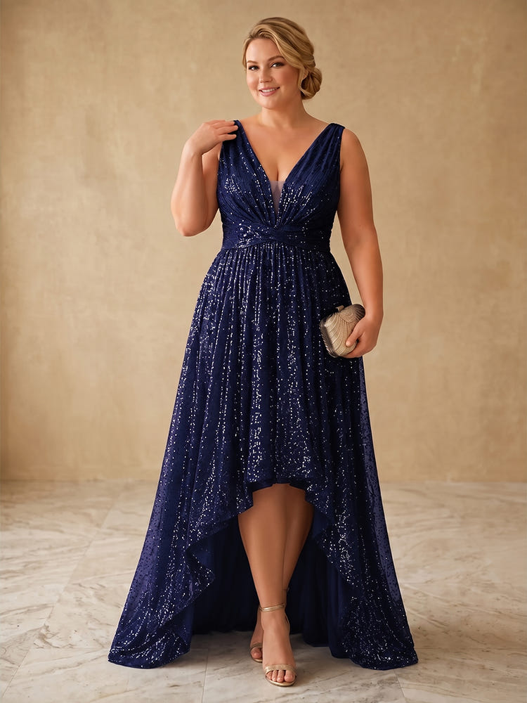 Sequin A-Line V Neck Plus Size Dresses with Twisted Ruched Waist
