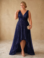 Sequin A-Line V Neck Plus Size Dresses with Twisted Ruched Waist