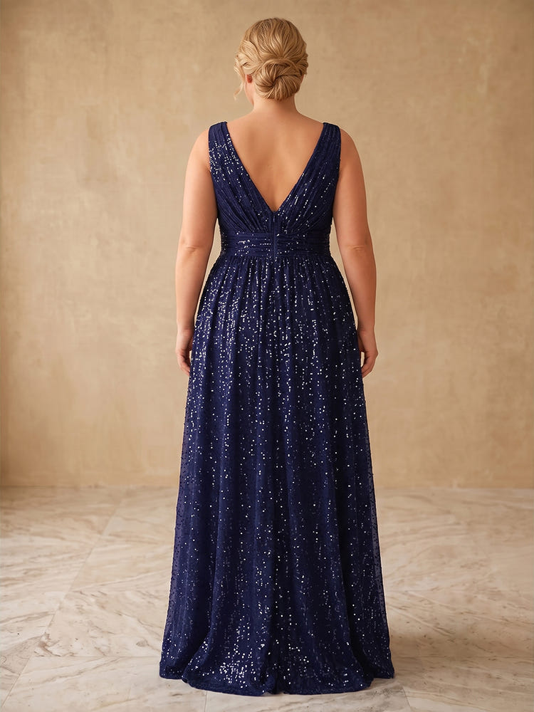 Sequin A-Line V Neck Plus Size Dresses with Twisted Ruched Waist