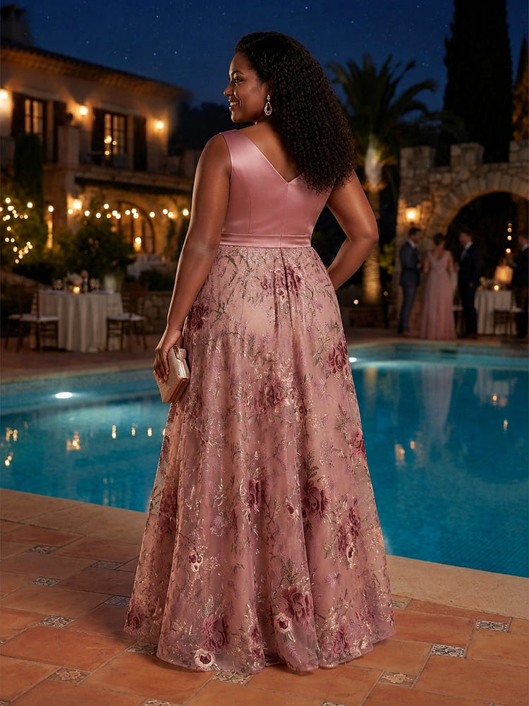 Tulle A-Line V Neck Plus Size Dresses with Exquisite 3D Rose Floral Embroidery
