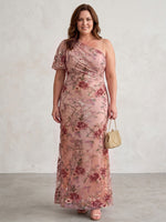 Tulle A-Line One Shoulder Plus Size Dresses with Exquisite 3D Rose Floral Embroidery