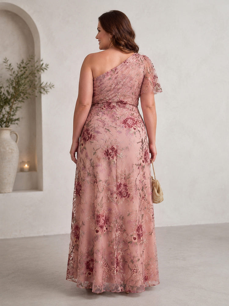 Tulle A-Line One Shoulder Plus Size Dresses with Exquisite 3D Rose Floral Embroidery
