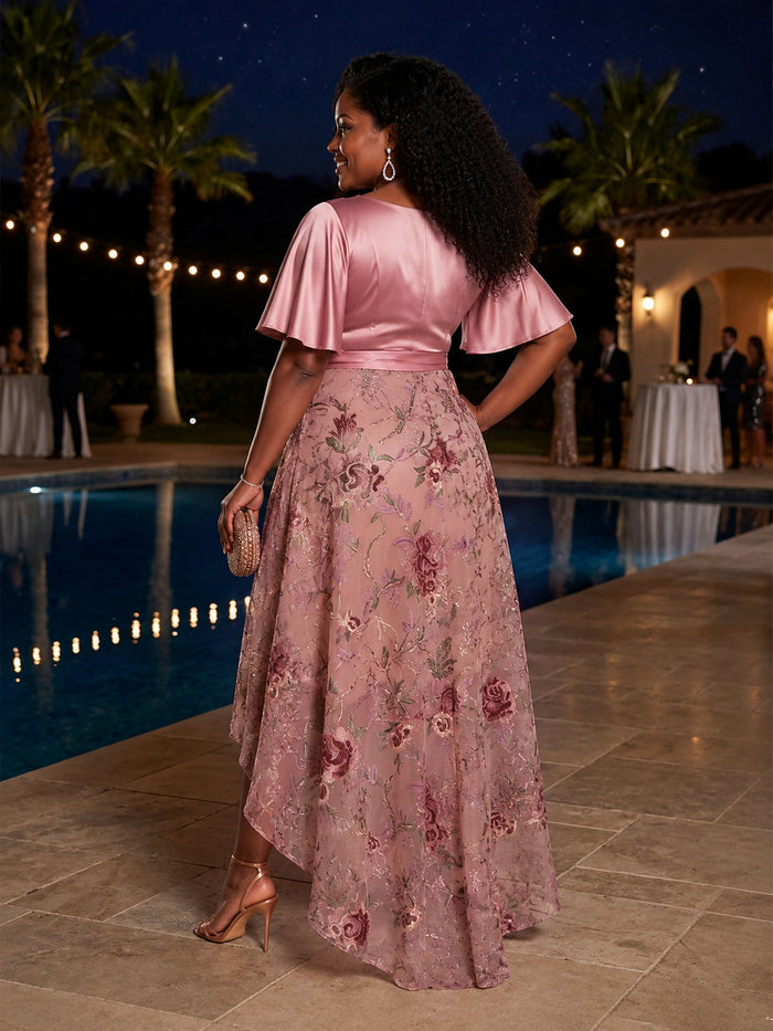 Tulle A-Line V Neck Plus Size Dresses with Exquisite 3D Rose Floral Embroidery
