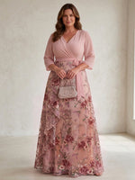 Tulle A-Line V Neck Plus Size Dresses with Exquisite 3D Rose Floral Embroidery