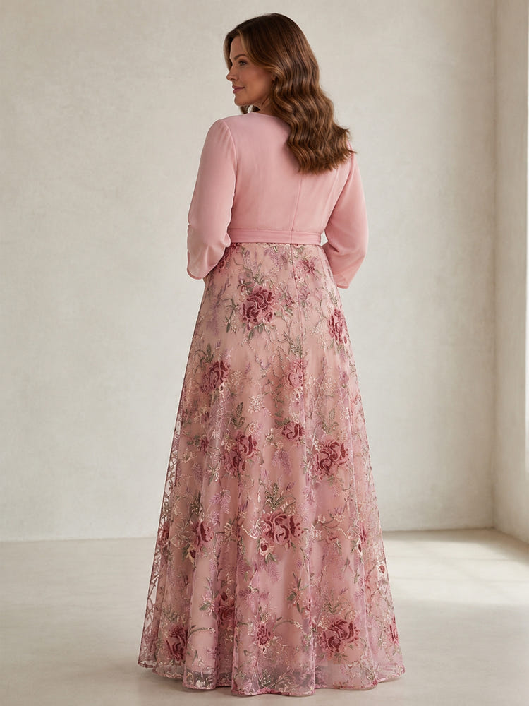 Tulle A-Line V Neck Plus Size Dresses with Exquisite 3D Rose Floral Embroidery
