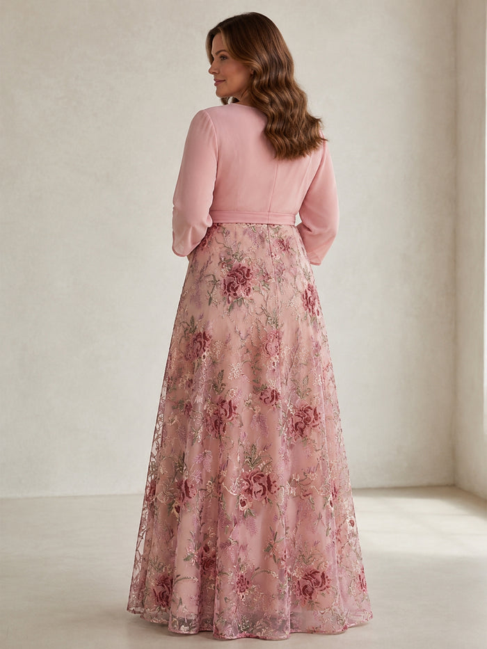 Tulle A-Line V Neck Plus Size Dresses with Exquisite 3D Rose Floral Embroidery