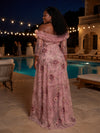 Tulle A-Line Off Shoulder Plus Size Dresses with Exquisite 3D Rose Floral Embroidery