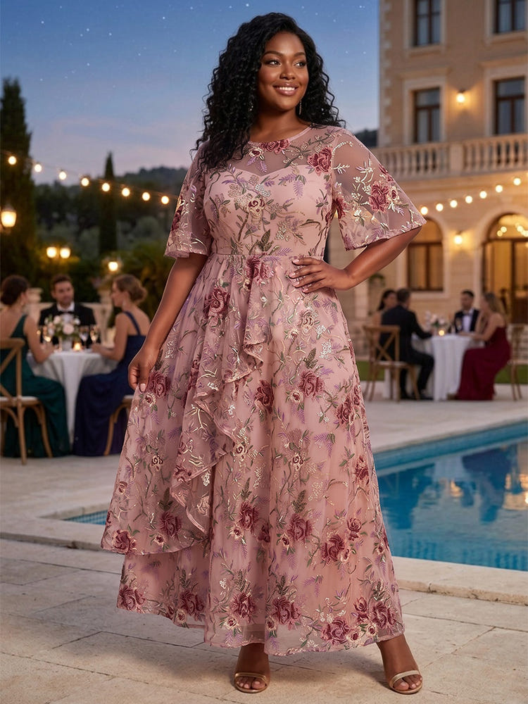 Tulle A-Line Crew Neck Plus Size Dresses with Exquisite 3D Rose Floral Embroidery