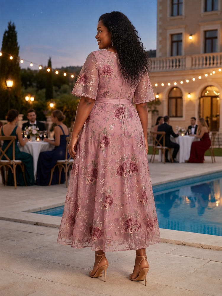 Tulle A-Line Crew Neck Plus Size Dresses with Exquisite 3D Rose Floral Embroidery