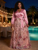 Tulle A-Line V Neck Plus Size Dresses with Exquisite 3D Rose Floral Embroidery